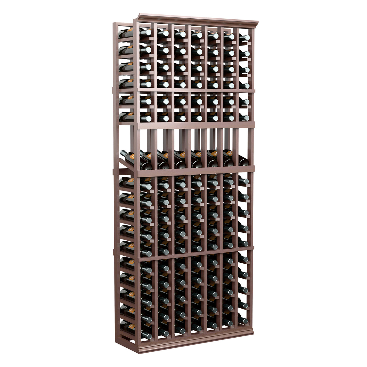 7-column wine bottle display rack with dark wood frame and bottle storage cubbies