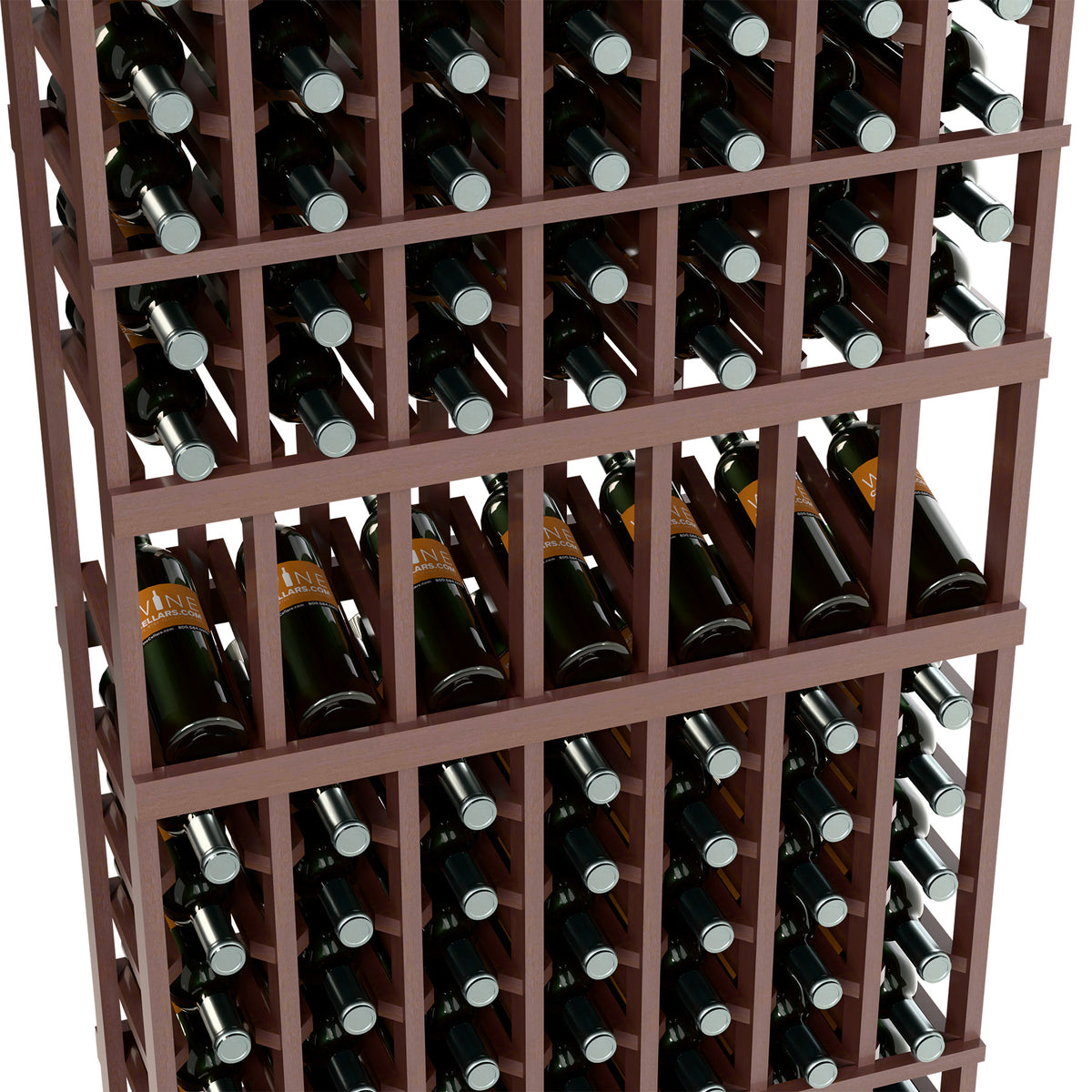 Close-up of 7-column wine rack with dark wine bottles in wooden cubbies