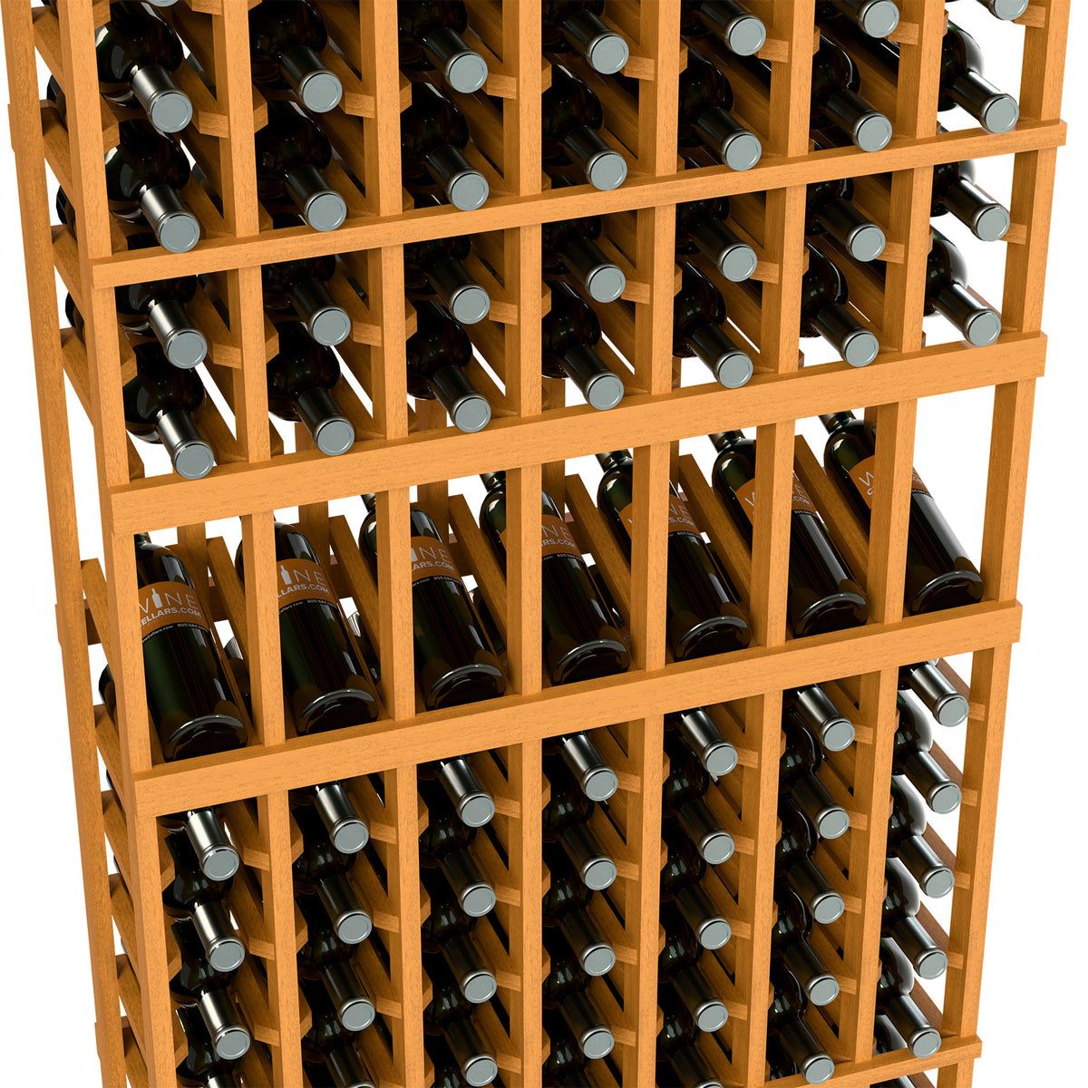 Close-up of light wood 7-column wine rack holding dark wine bottles in slots