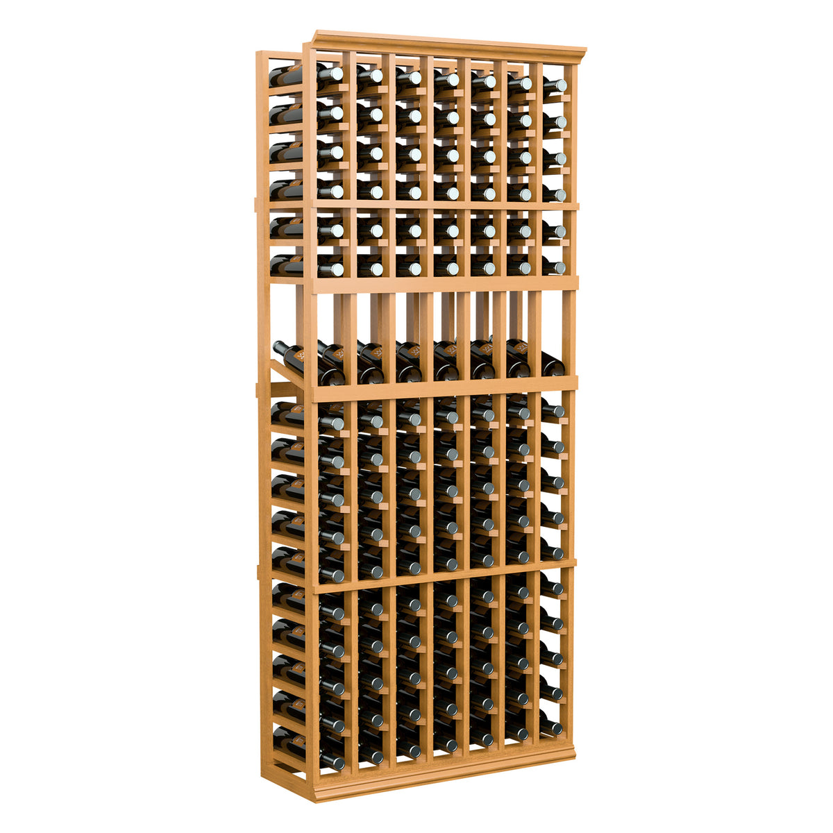 7-column wine bottle display rack with natural wood frame and stacked bottle cubbies