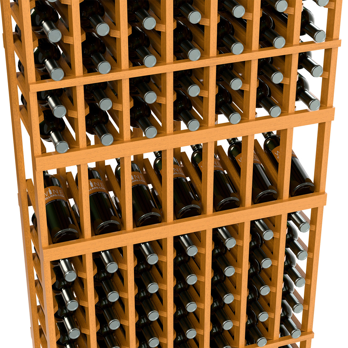 Close-up of natural wood 7-column wine rack with dark bottles and silver caps