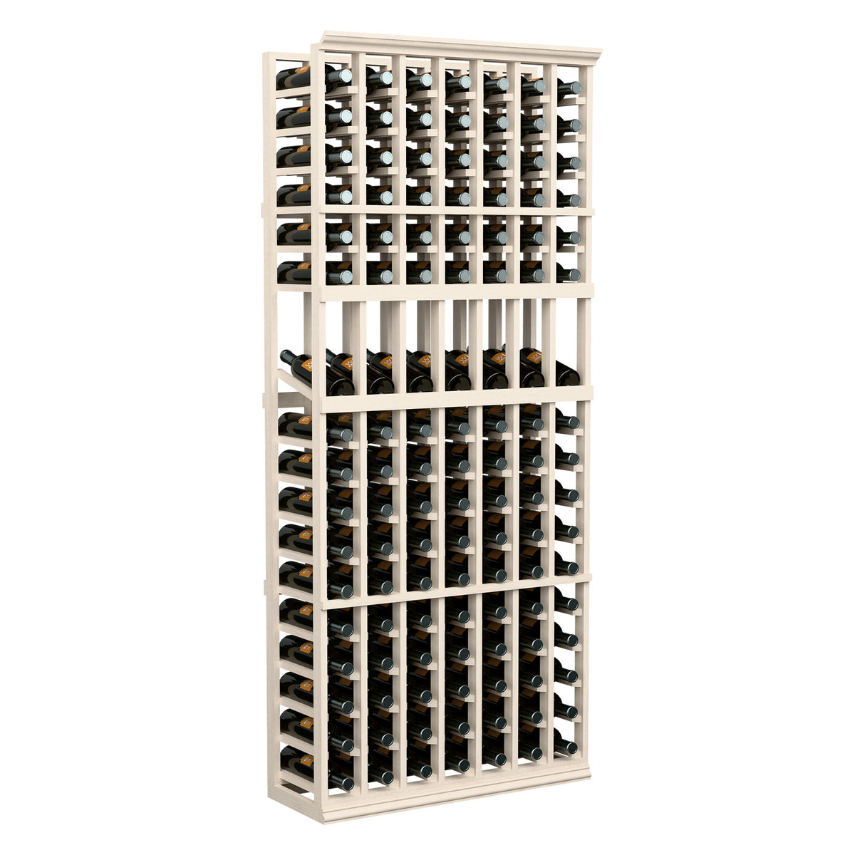 7-column wine bottle display rack with white wood frame and front bottle cubbies