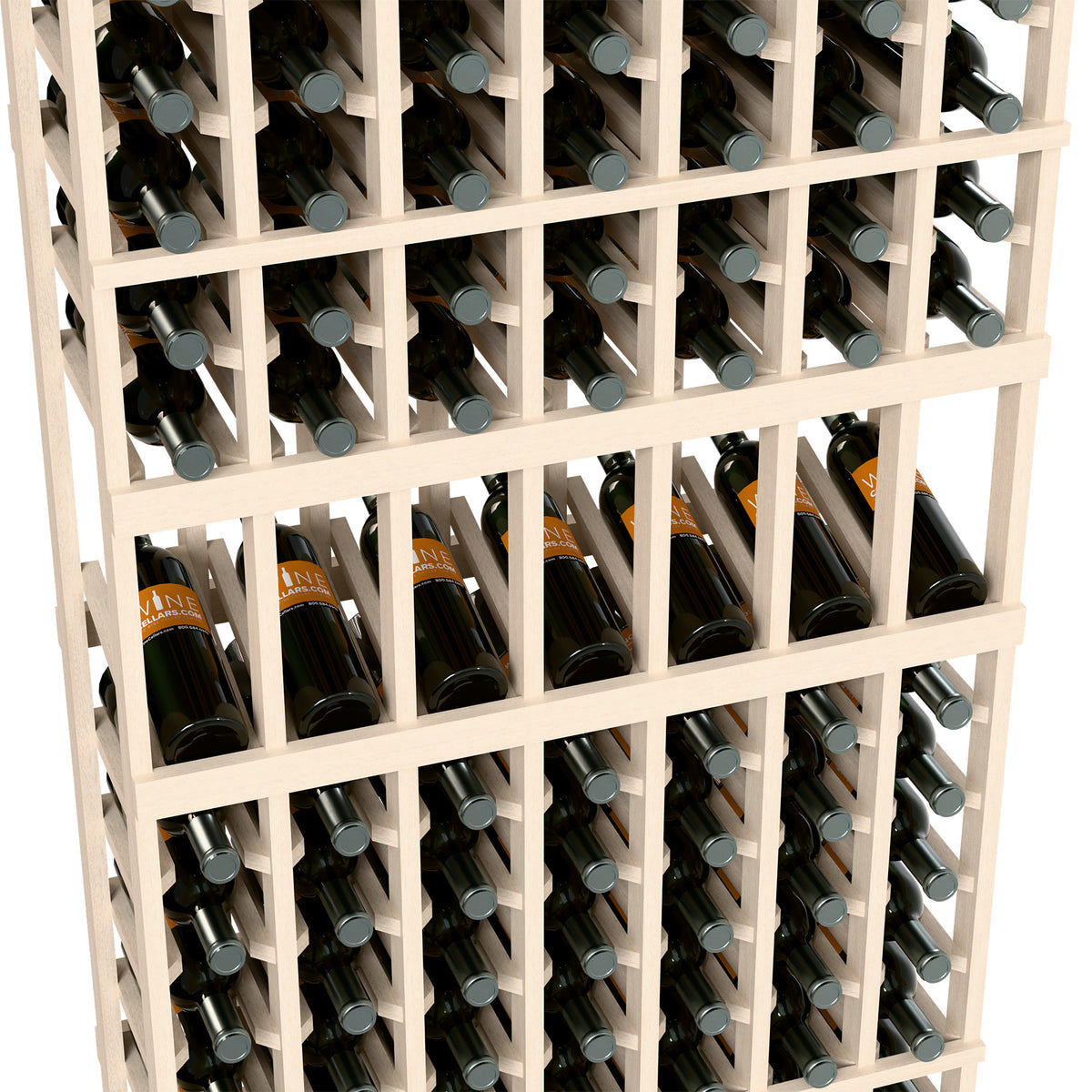 Close-up of white 7-column wine rack with dark wine bottles and silver caps