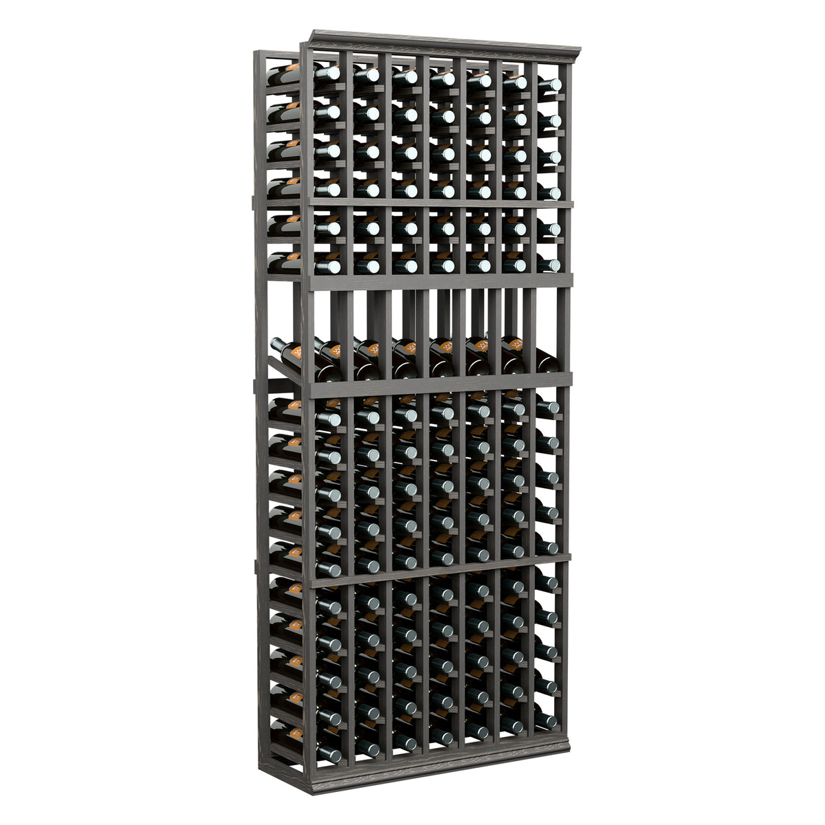 Dark 7-column wine bottle display rack, 6 ft, with multiple bottle rows