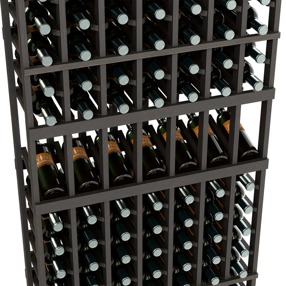 Dark wood wine bottle rack with 7 columns, showing rows of bottle neck holders