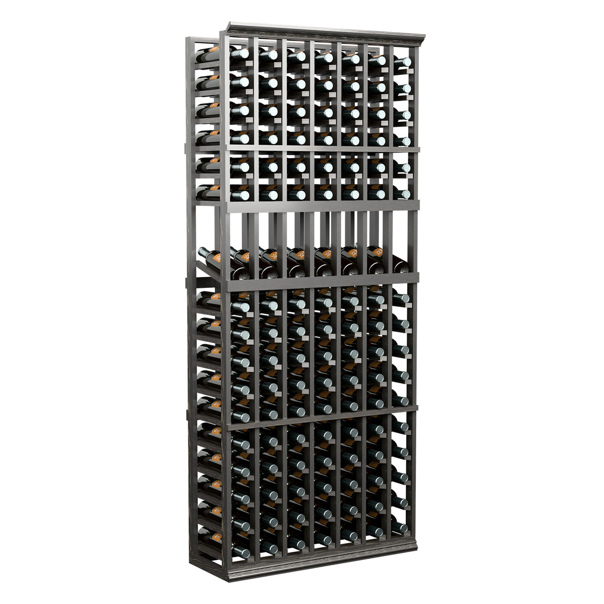 Dark 7-column wine bottle display rack with 4 tiers and bottle-filled slots