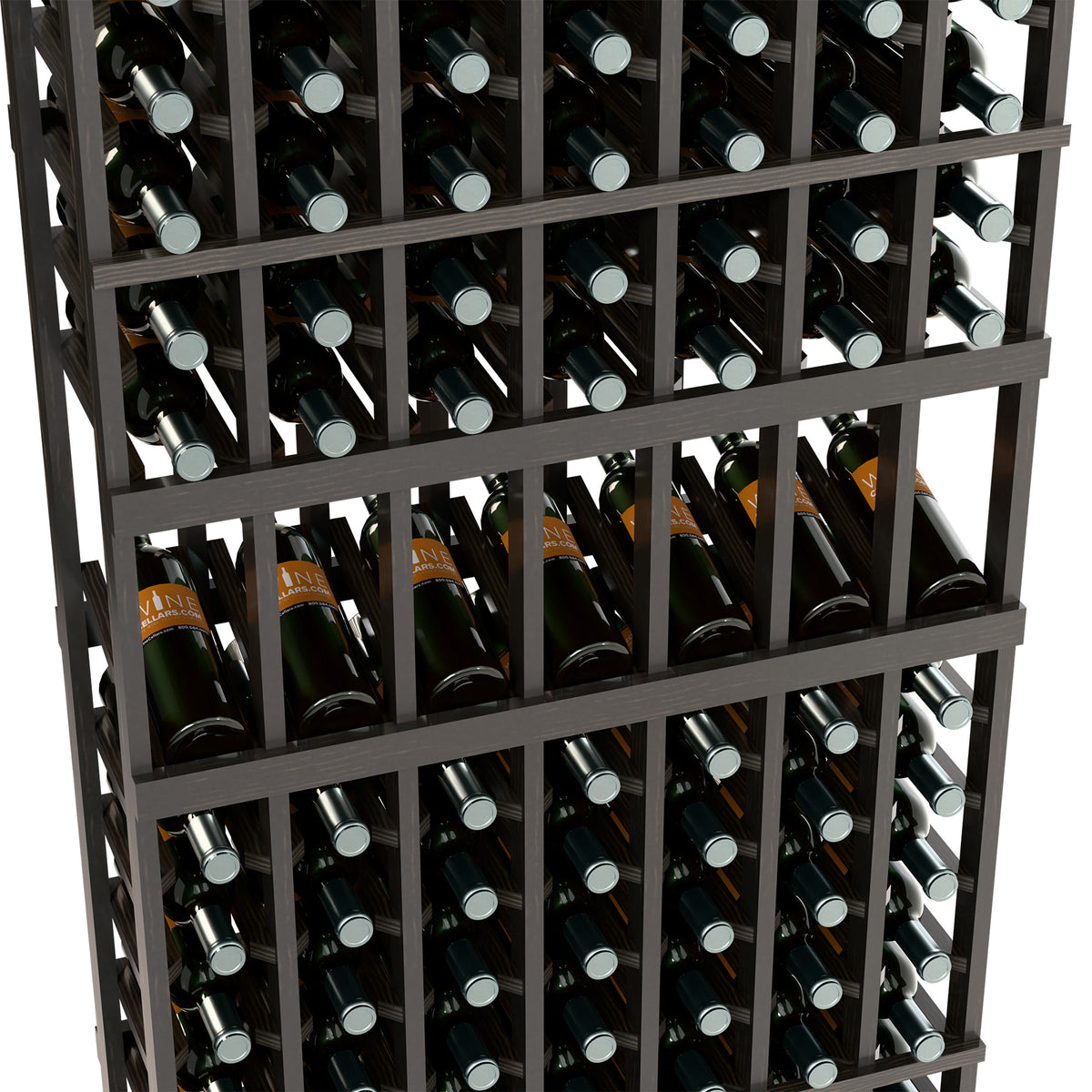Dark wine bottle rack close-up with 7 columns and evenly spaced bottle rows