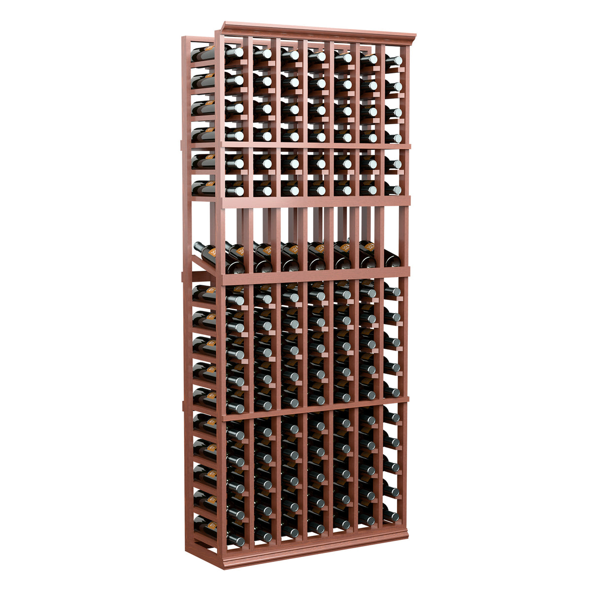 Warm-toned 7-column wine bottle display rack with 4 tiers of bottle slots
