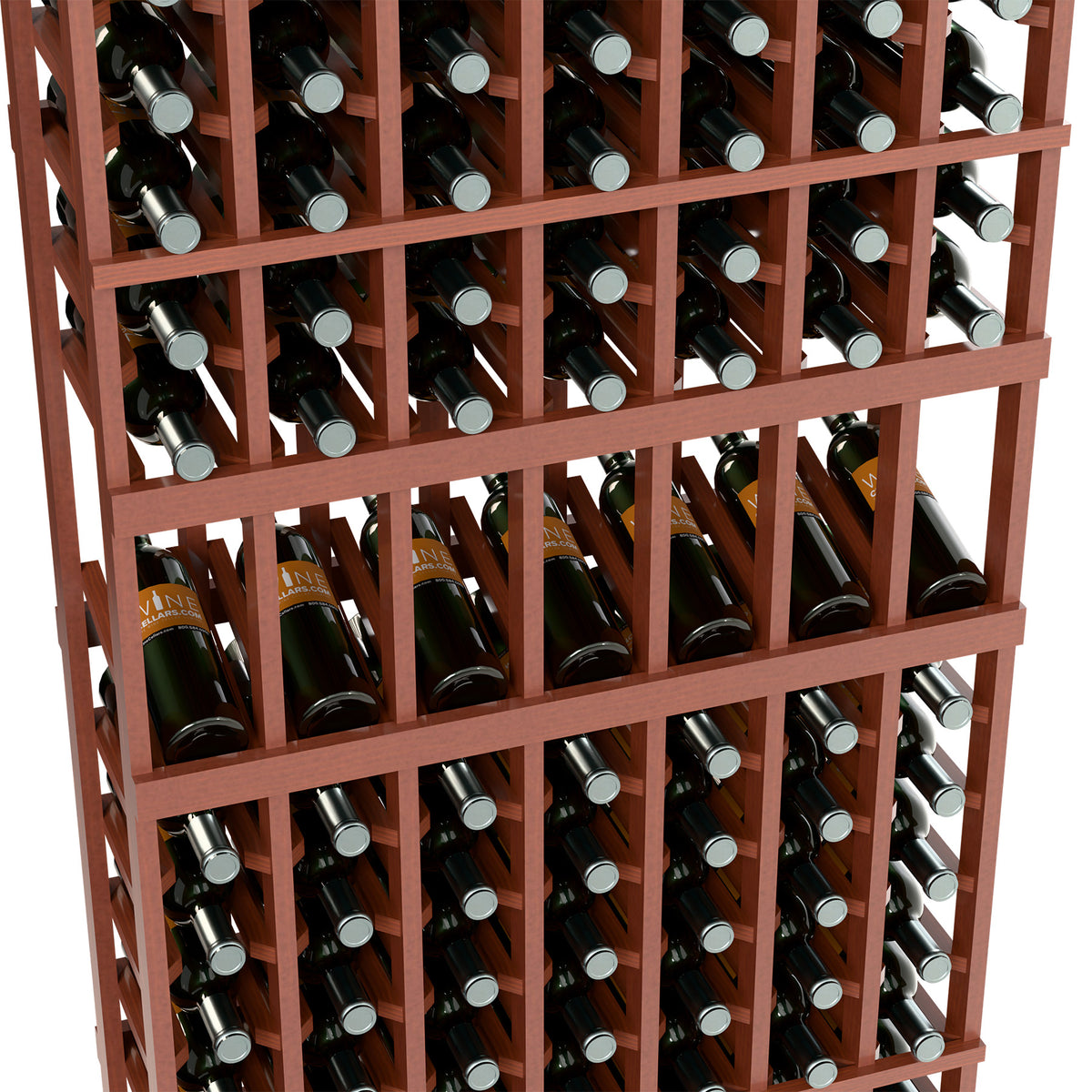 Warm-toned wine bottle rack close-up with 7 columns and stacked bottle rows