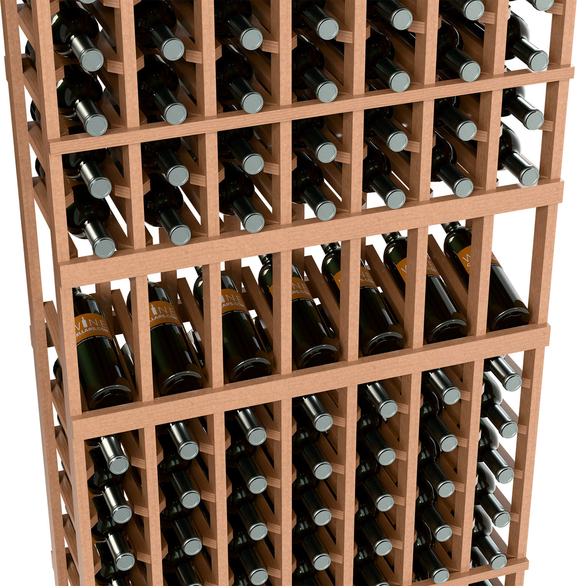 Seven-column wine rack close-up, natural wood frame with wine bottles in cradles