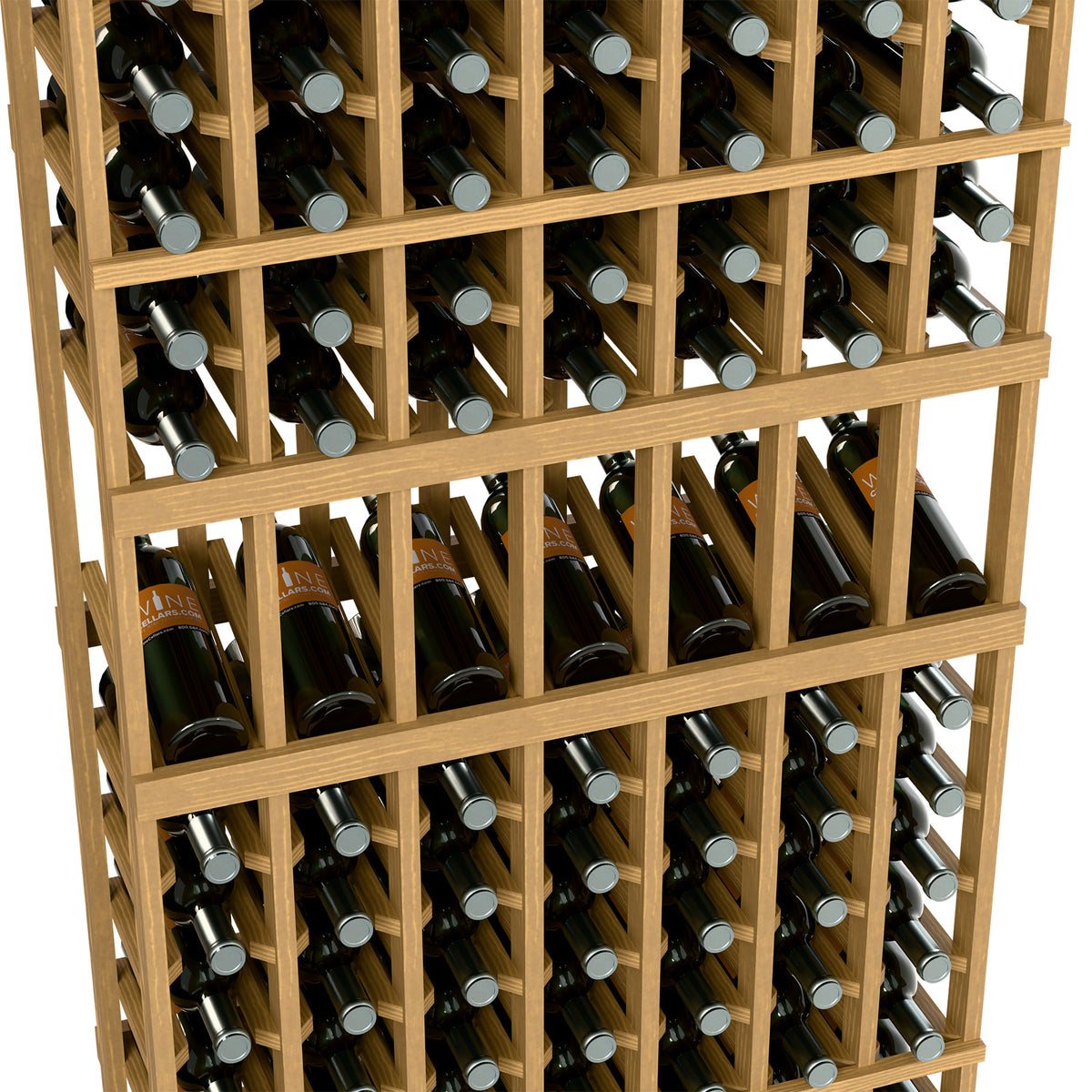 Seven-column wine rack close-up, natural wood frame and arranged wine bottles