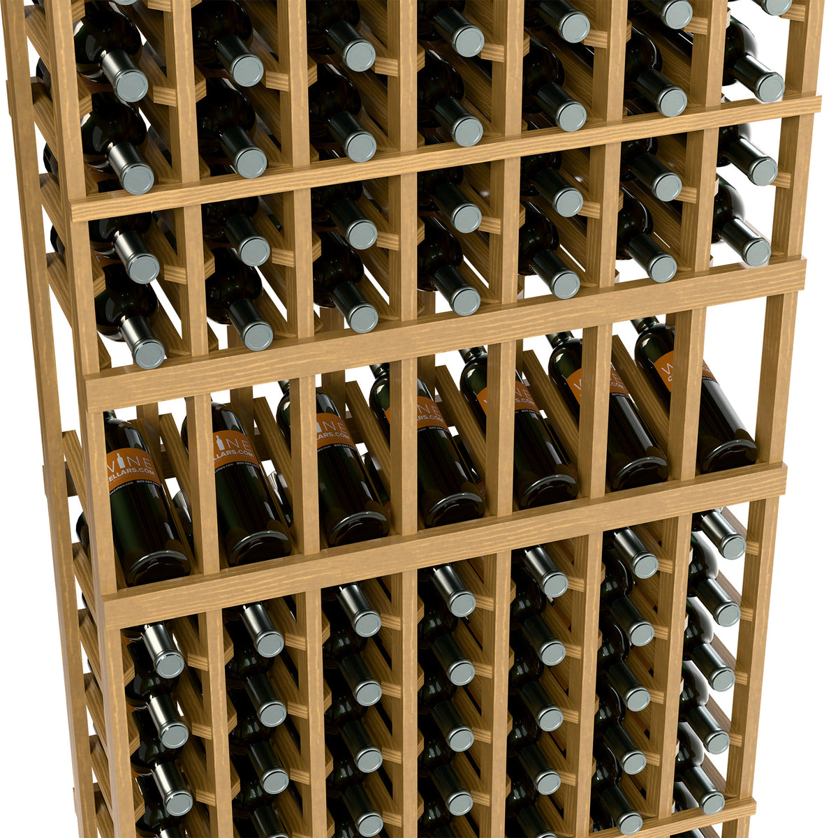 Seven-column wine rack close-up, natural wood frame with wine bottles and caps