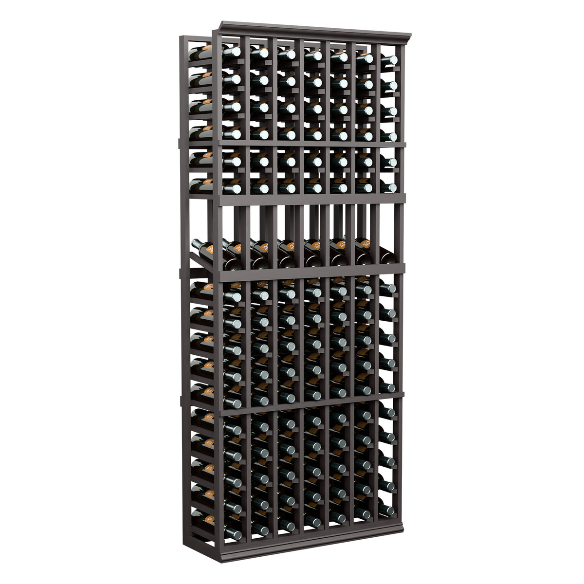 Seven-column wine bottle display rack, dark wood frame, holds bottles in rows