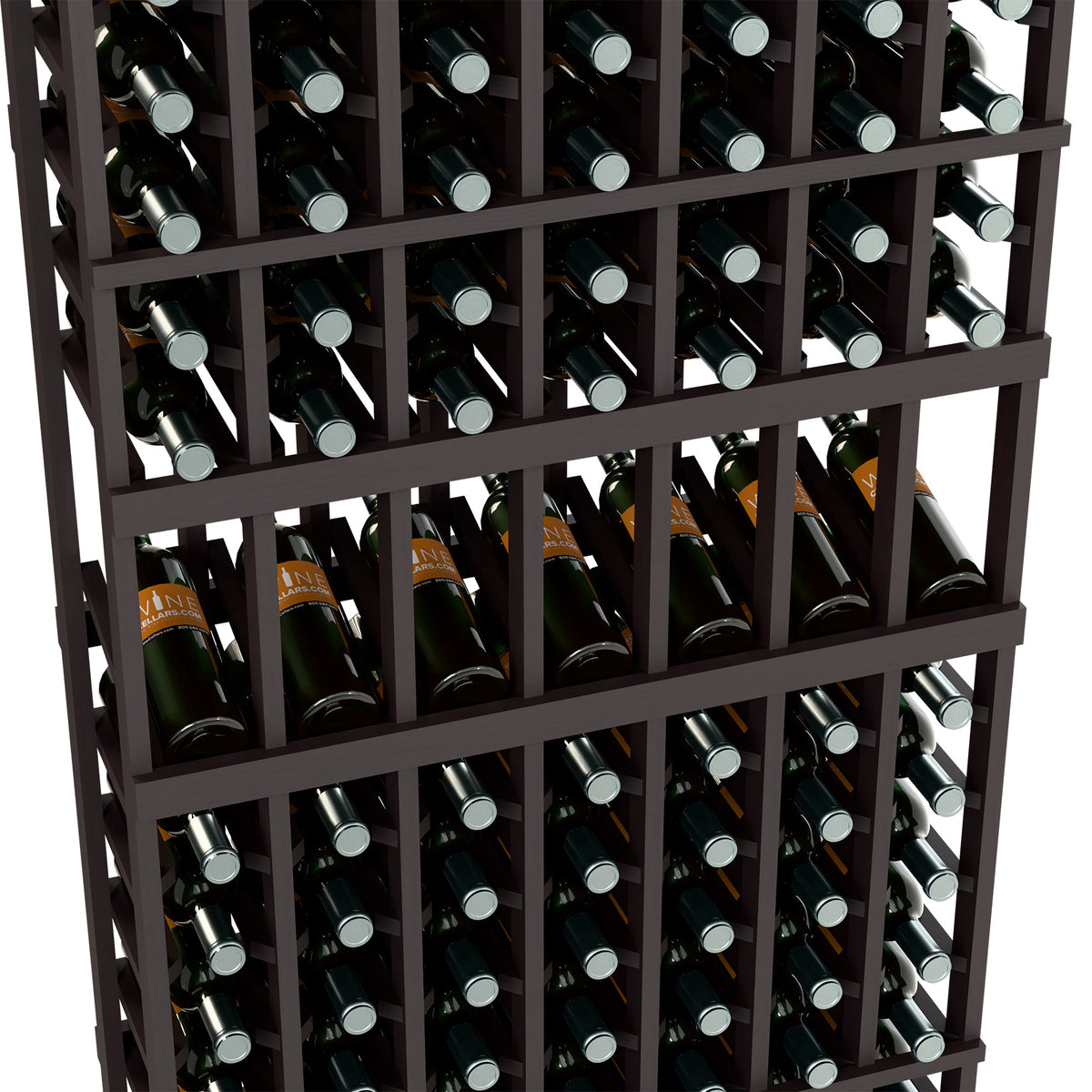 Seven-column wine rack close-up, dark wood frame with wine bottles in cradles
