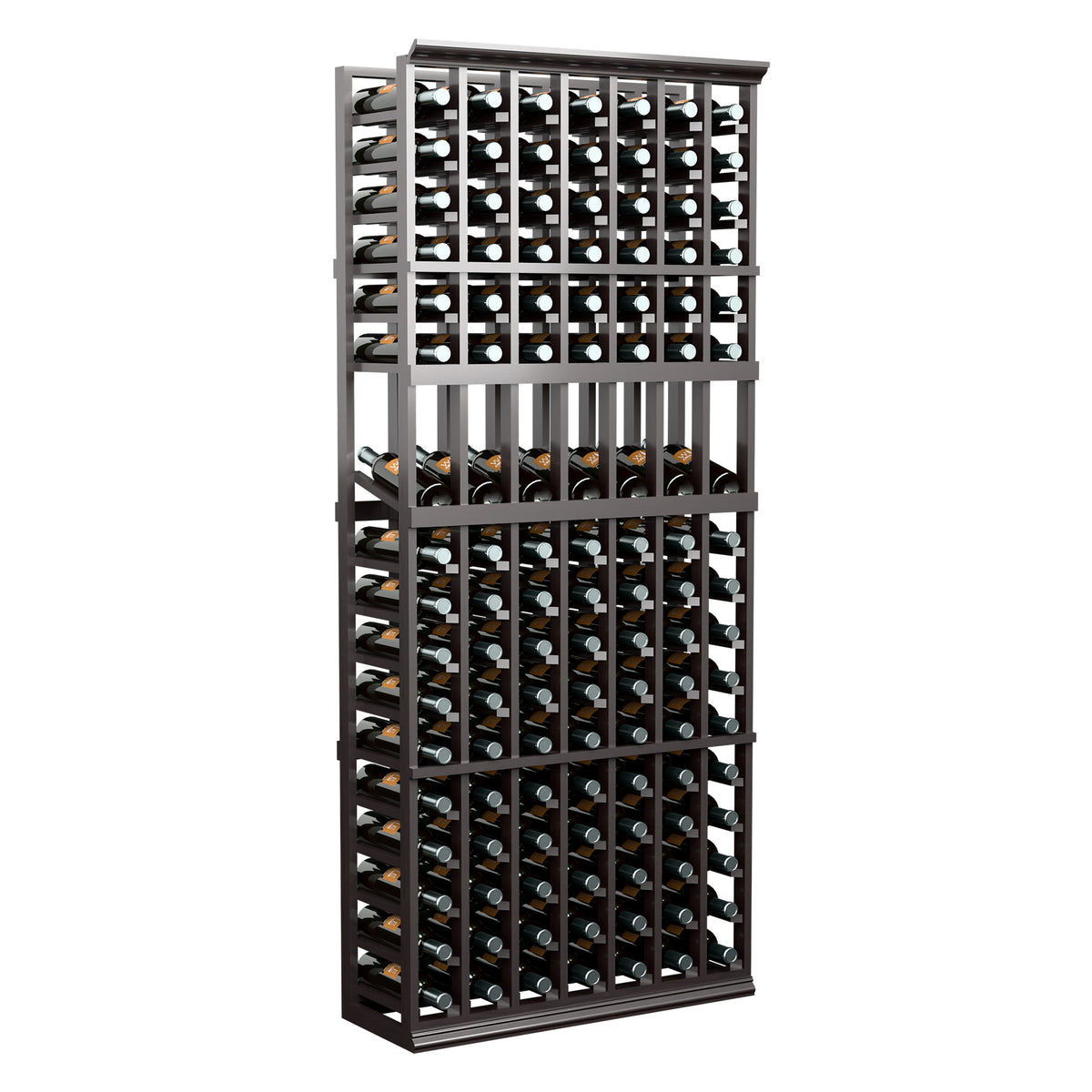 Seven-column wine bottle display rack, dark wood frame with bottle storage slots