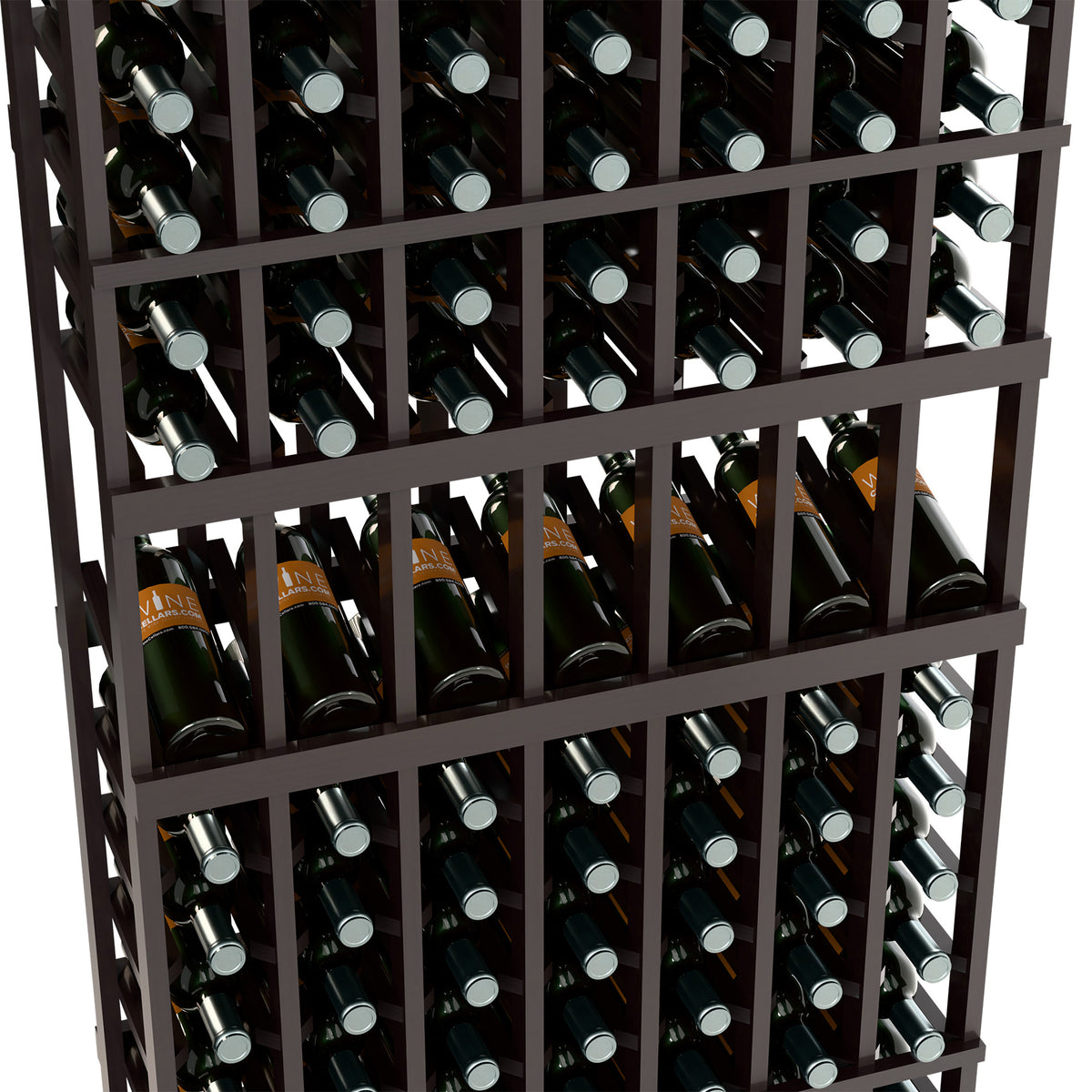 Seven-column wine rack close-up, dark wood frame and arranged wine bottles