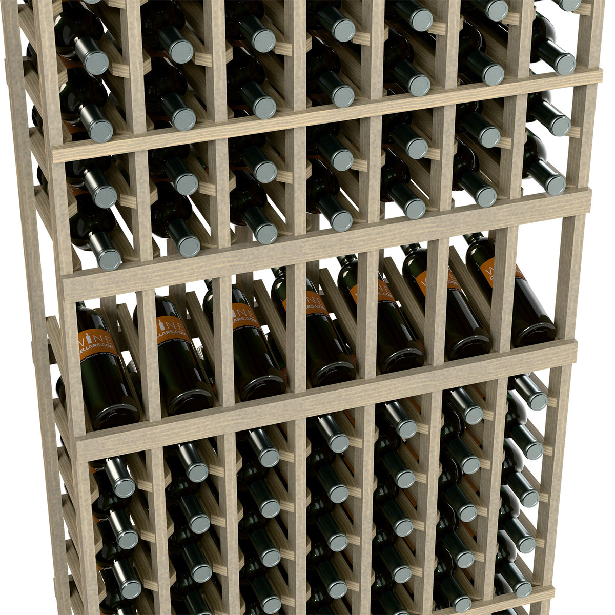 Wine bottle display rack close-up with 7-column grid and bottle neck slots, natural wood frame