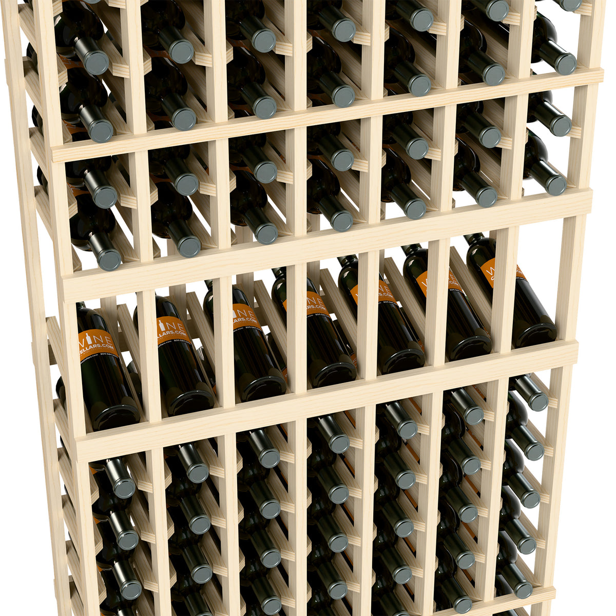 7-column wine rack close-up with bottle rows and gray bottle neck holders, light wood frame