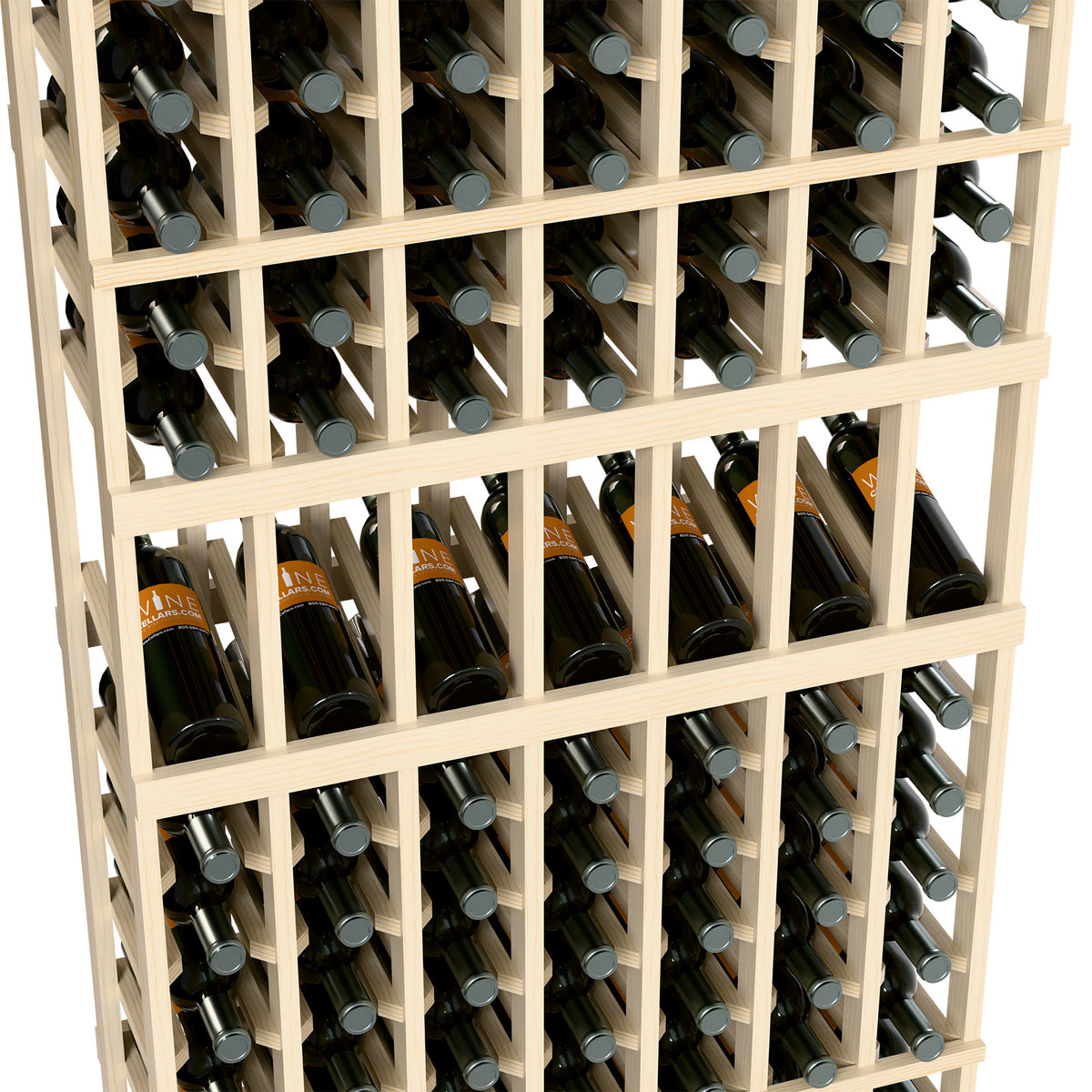 Close-up of 7-column wine bottle display rack with bottle rows and light wood grid