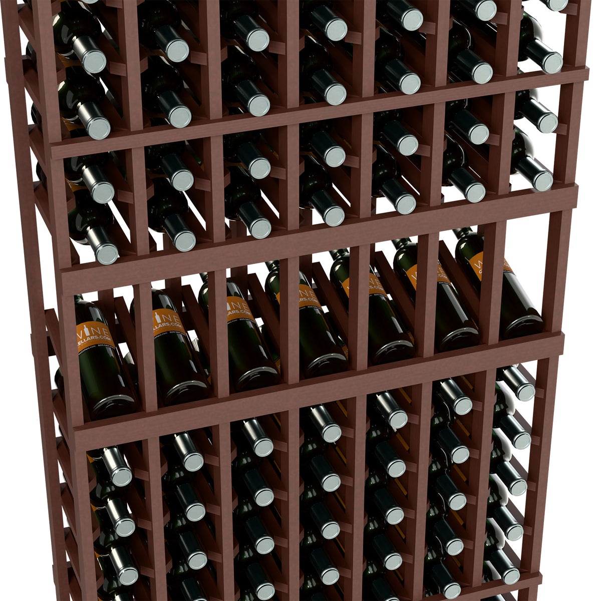 Close-up of a 7-column wine rack with bottle rows and slots, dark brown wood frame