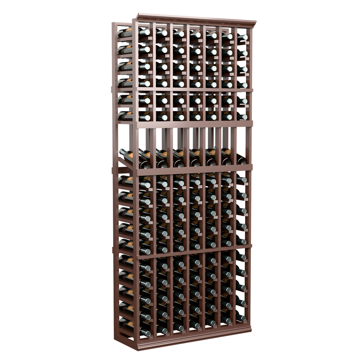 Seven-column wine display rack with dark wooden frame and bottle slots, full view