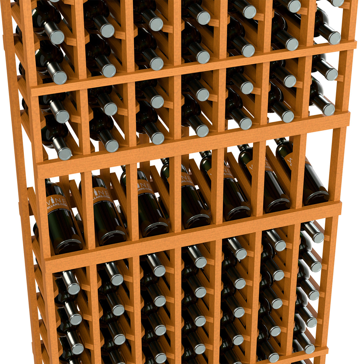 Wine bottle rack close-up with light wood grid and bottles in cubby rows