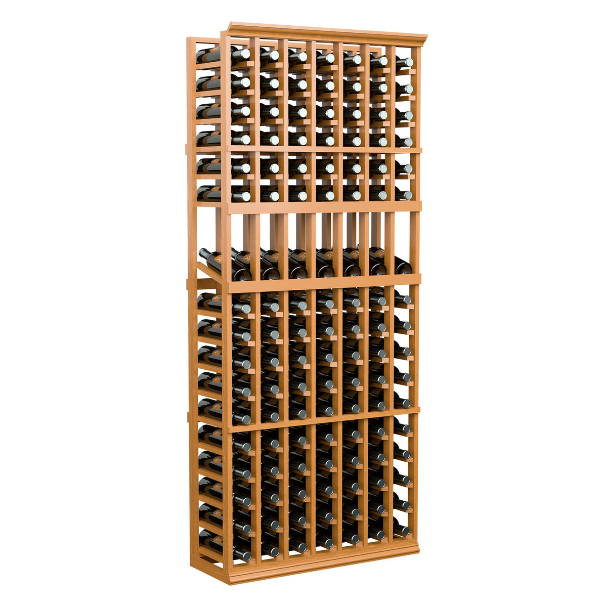 Tall seven-column wine rack with light wood frame and bottle storage, front view