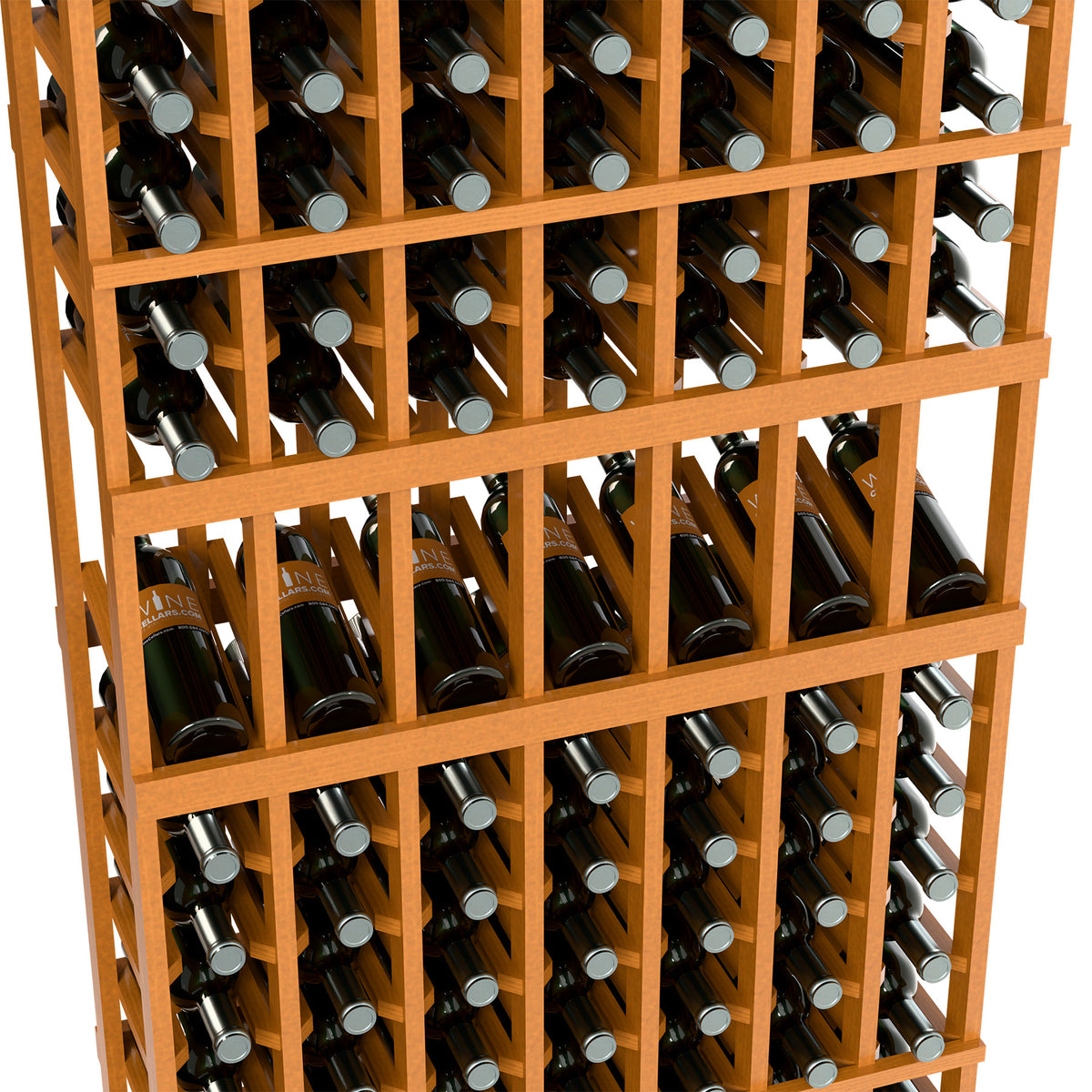 Wine bottle rack close-up with light wood grid and bottle bases in rows