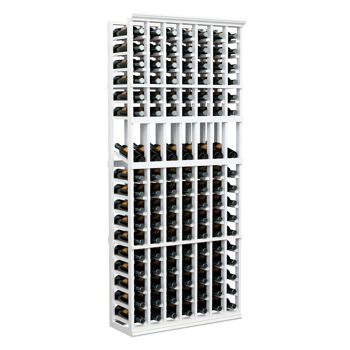Seven-column wine display rack with white frame and bottle slots, full view