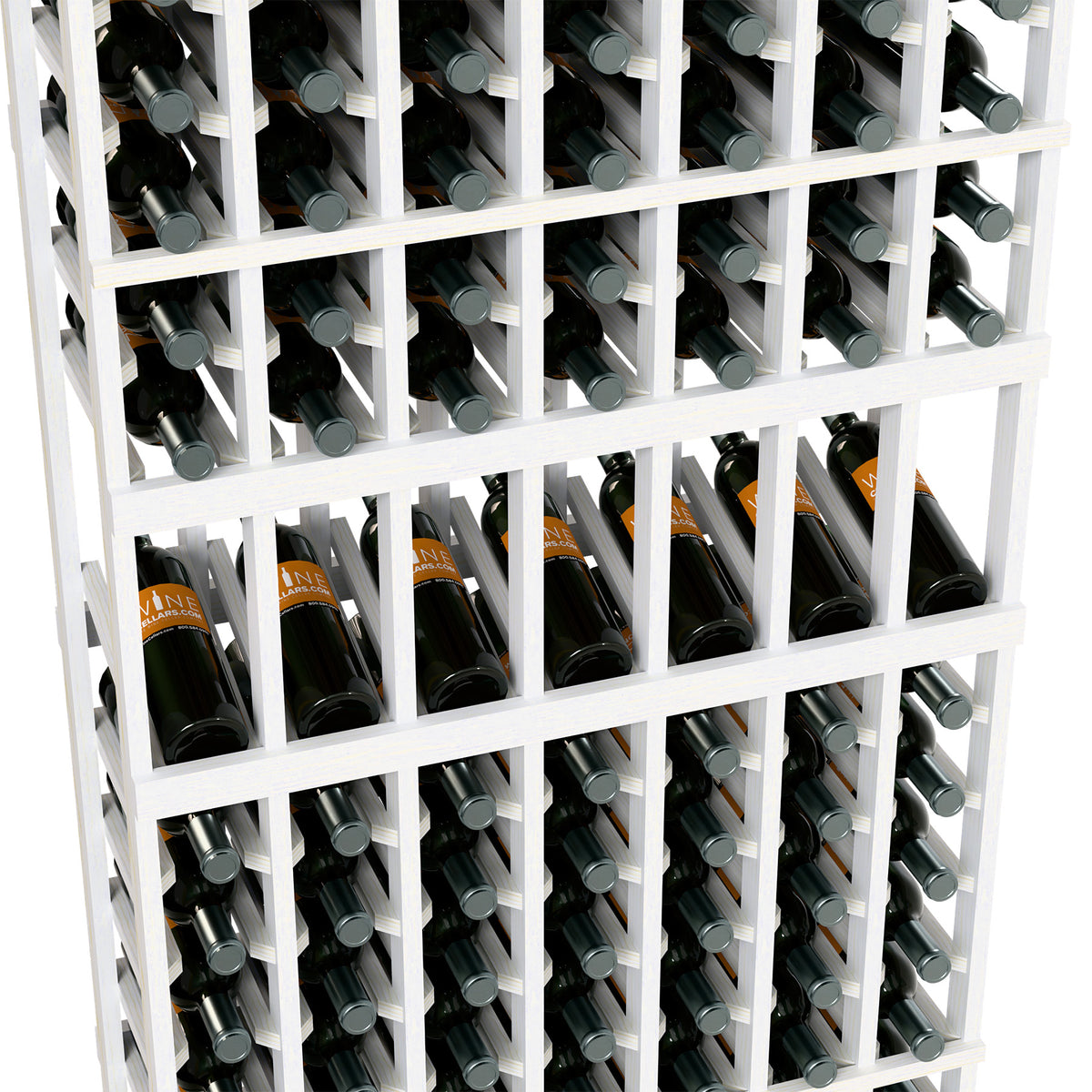 Wine bottle rack close-up with white wooden grid and bottle necks