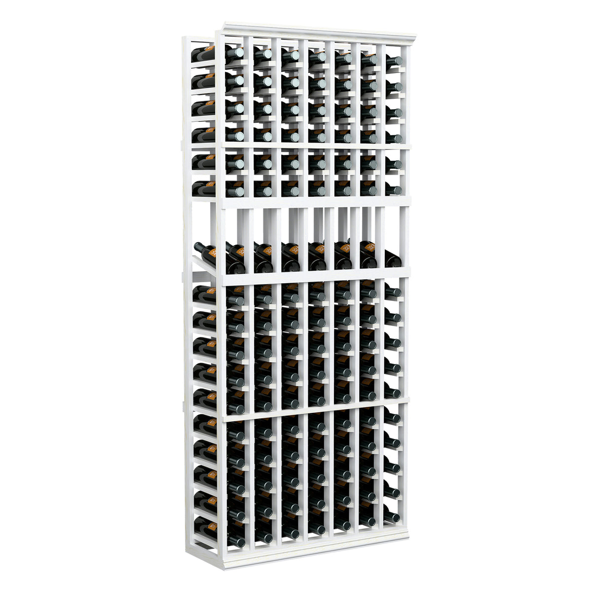 Tall seven-column wine rack with white frame and bottle storage, front view