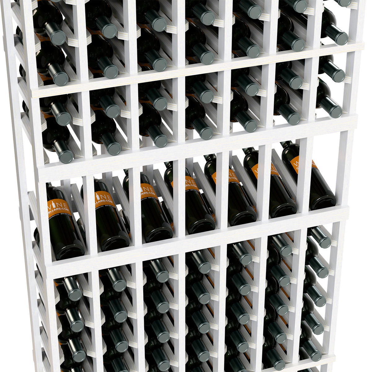 Wine bottle rack close-up with white grid and bottles arranged in rows