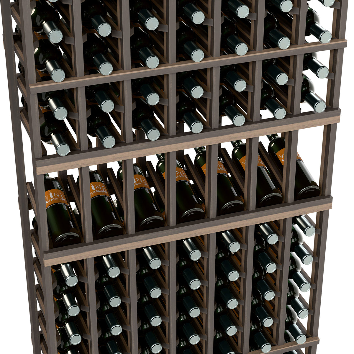 Close-up of dark wood wine rack with crisscross bottle slots and upright bottles.