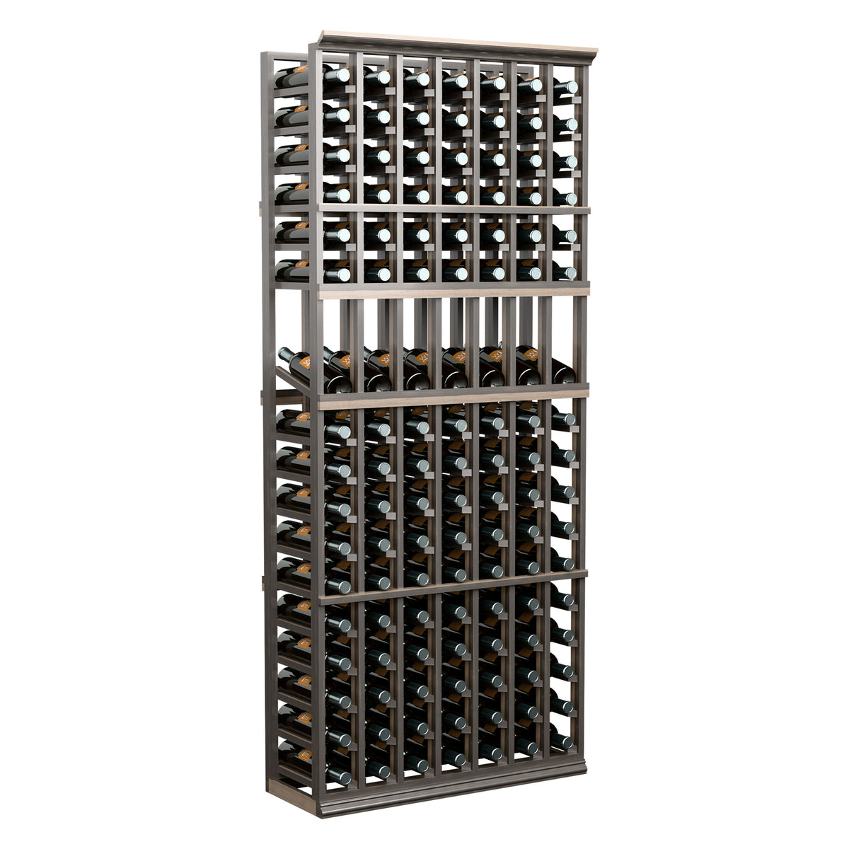 7-column wood wine bottle display rack with dark frame and multiple bottle rows.