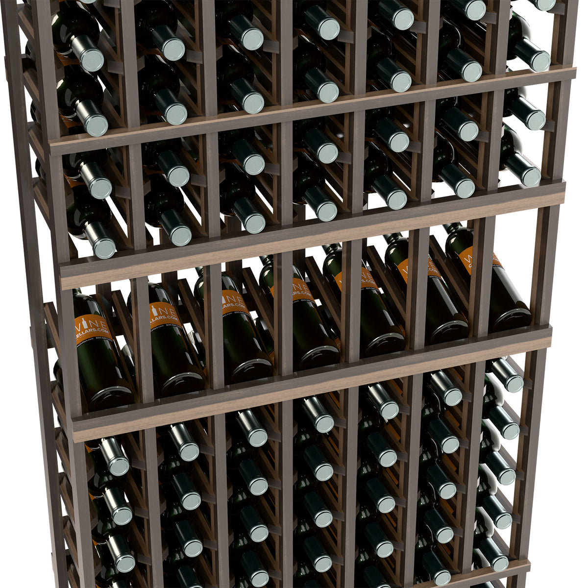 Close-up of dark wood wine rack showing bottle necks in front row and slots.