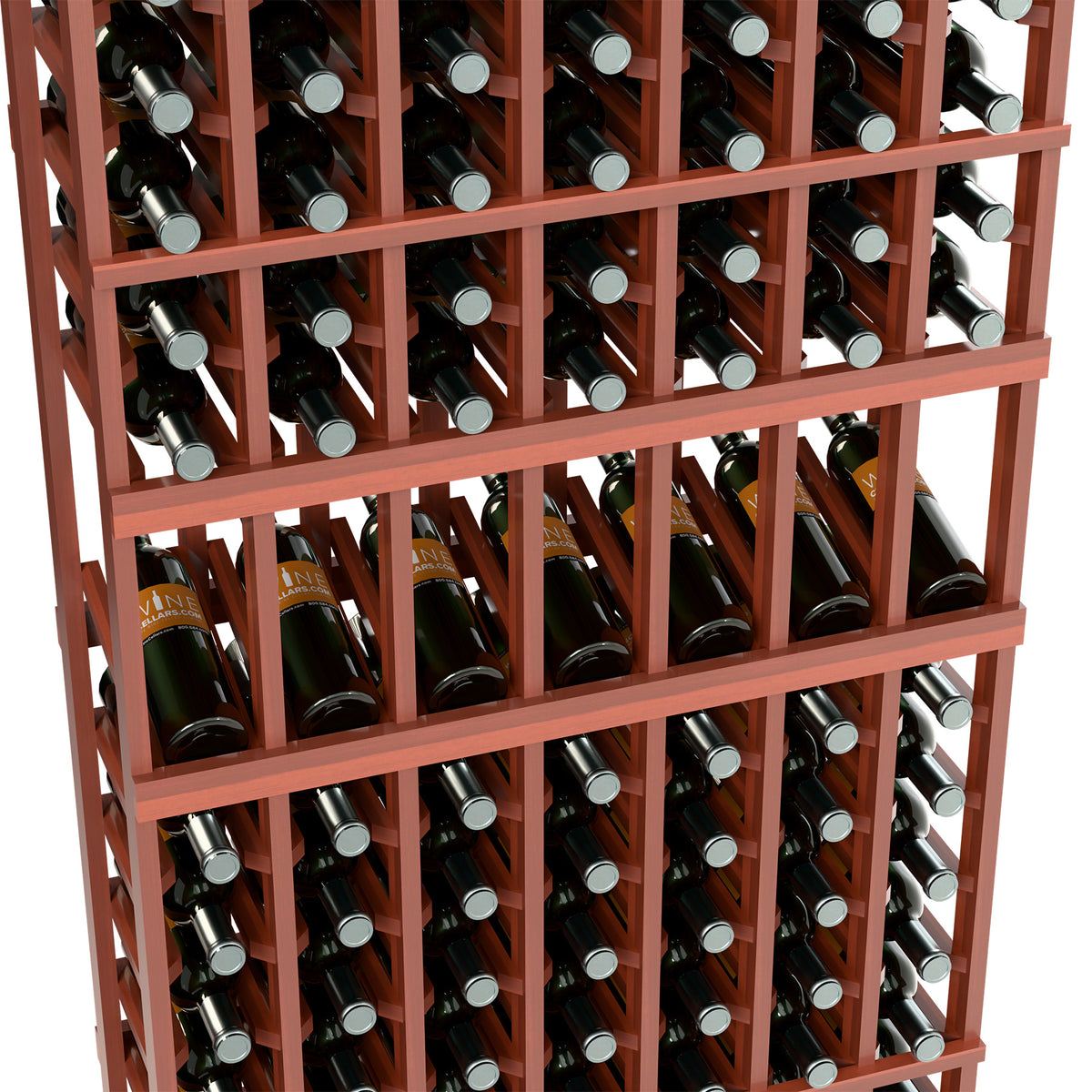 Close-up of reddish wood wine rack with bottle necks visible in multiple rows.