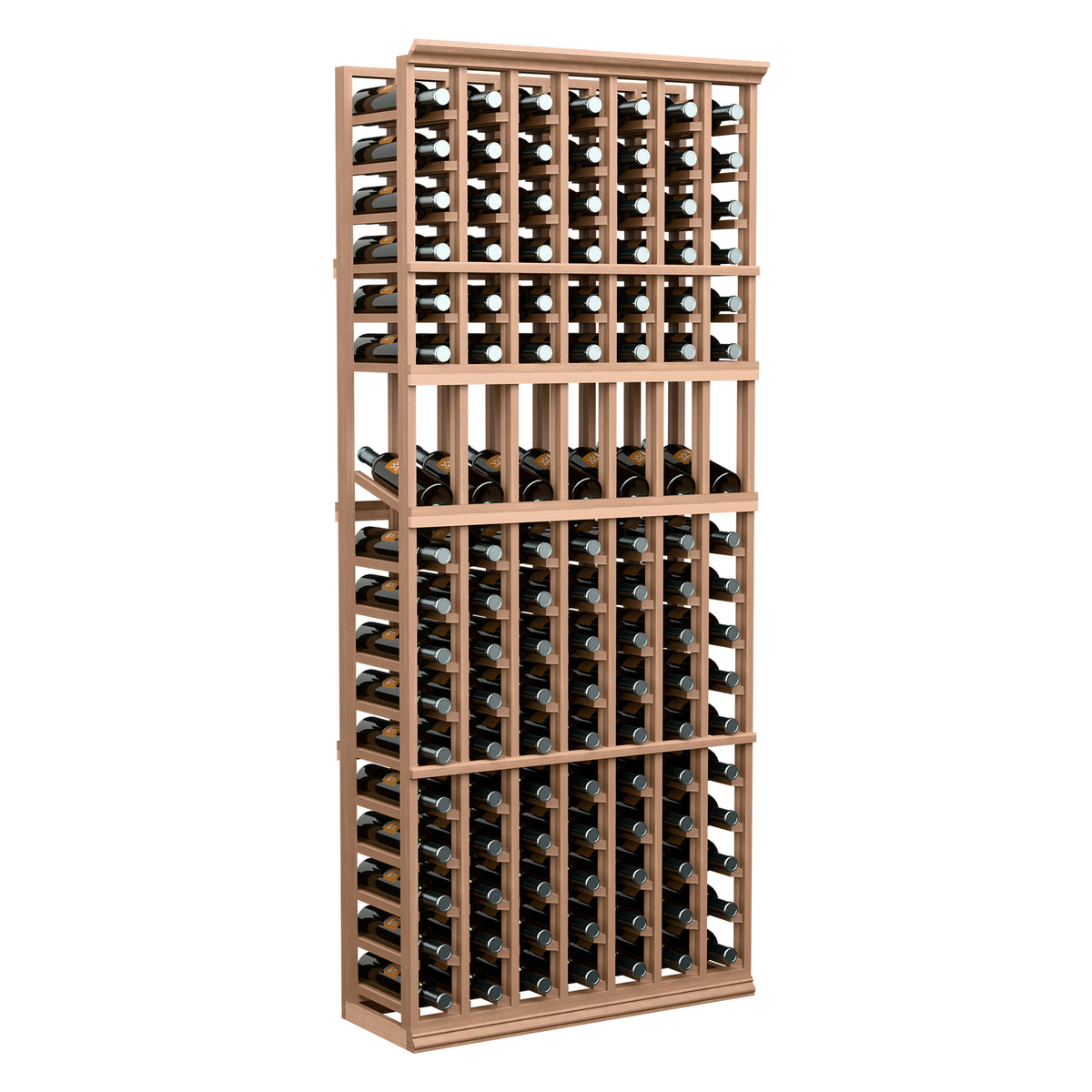 7-column wood wine bottle display rack with light wood frame, holding bottles upright.