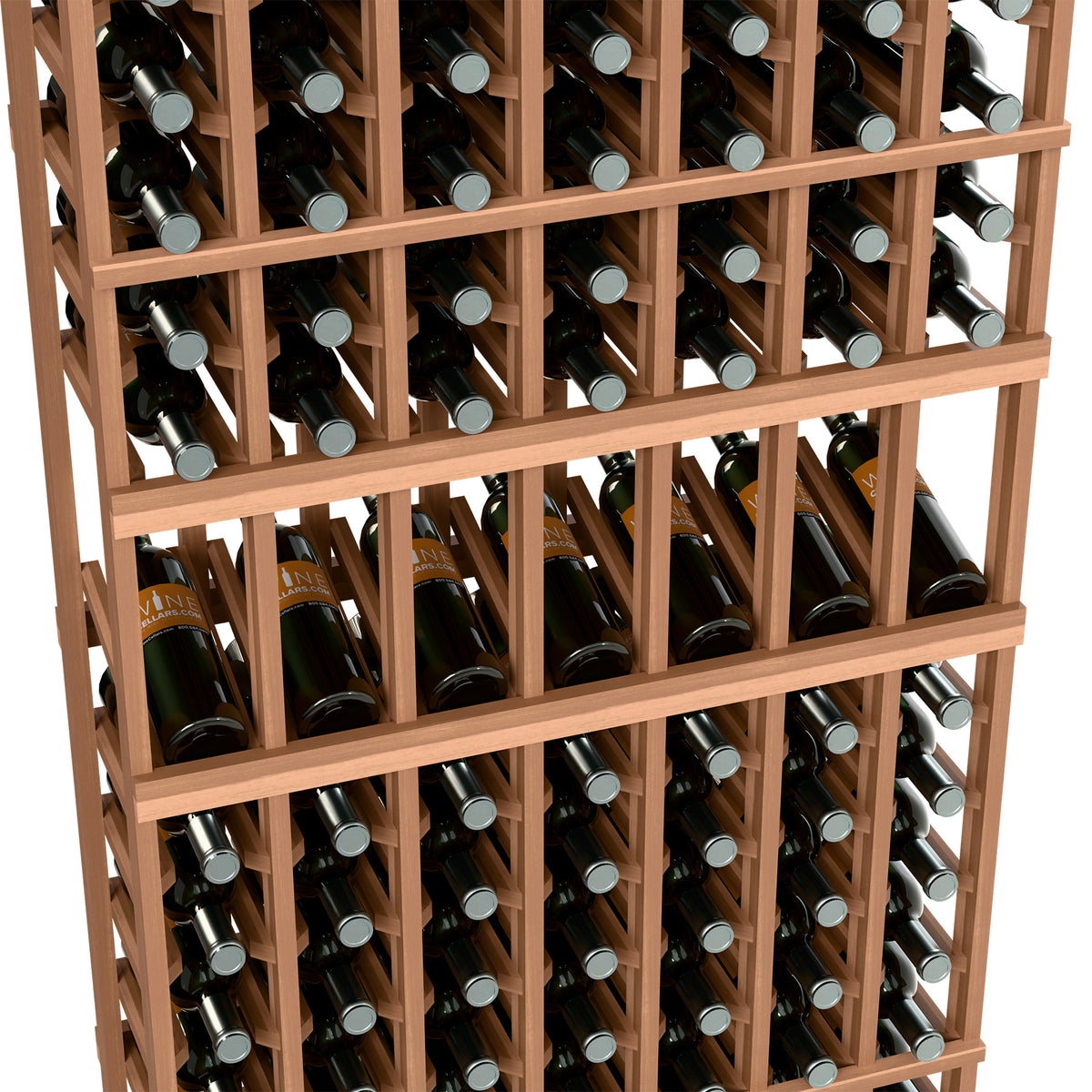 Close-up of light wood wine rack with bottle slots and upright bottles in rows.