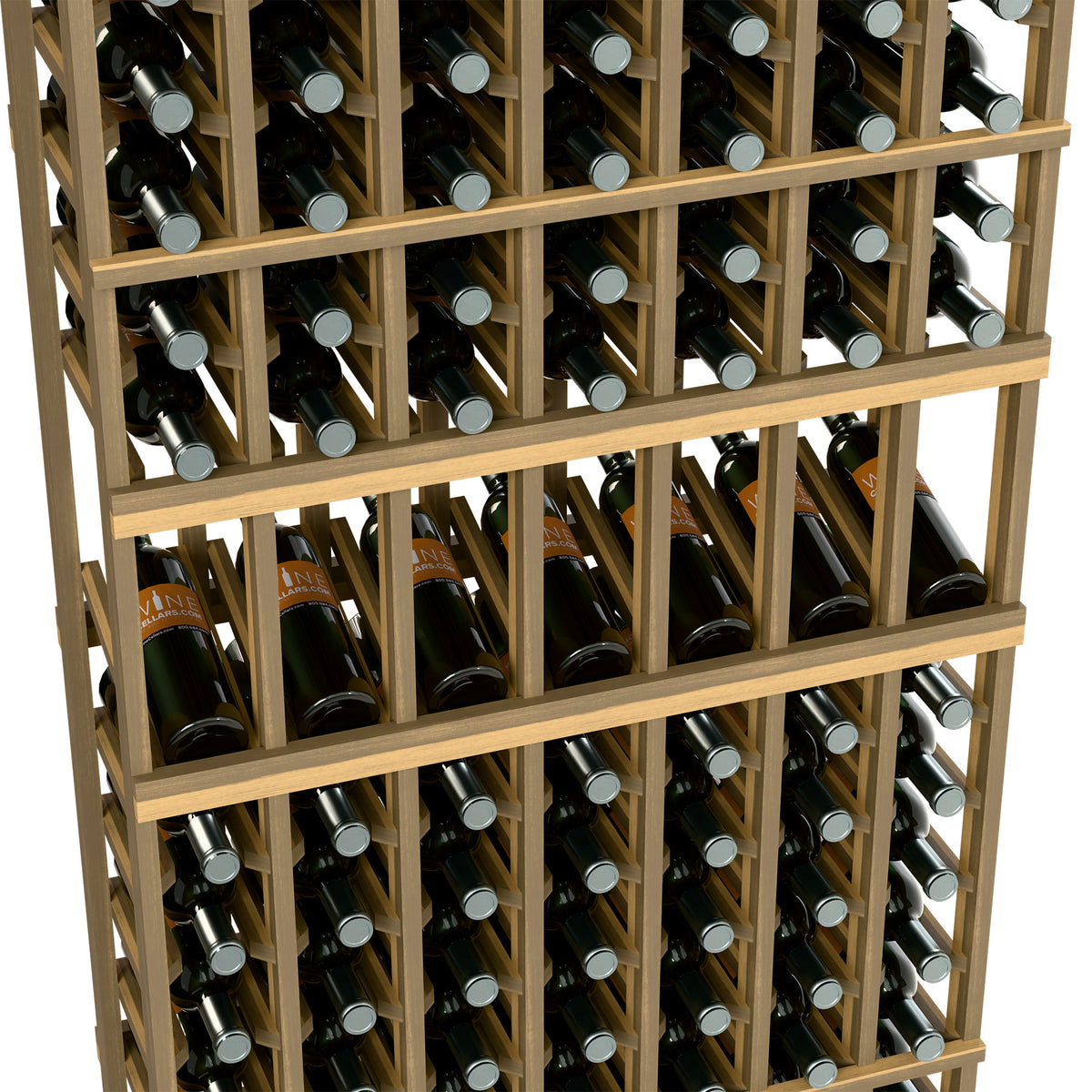 Light wood wine bottle rack close-up with bottles in front and middle rows