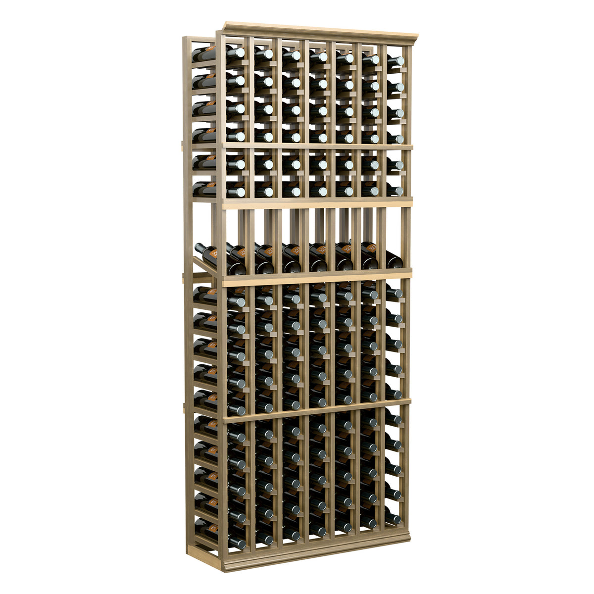 Light wood 7-column wine bottle display rack, 6 ft, open frame with bottle slots