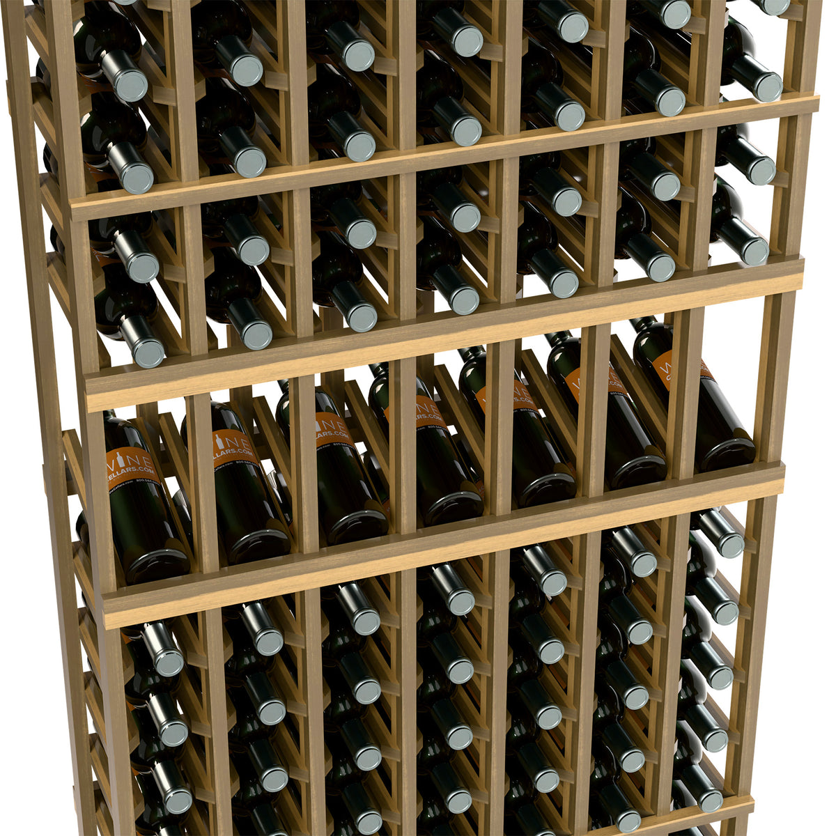 Light wood wine bottle rack close-up showing multiple bottles in cubbies
