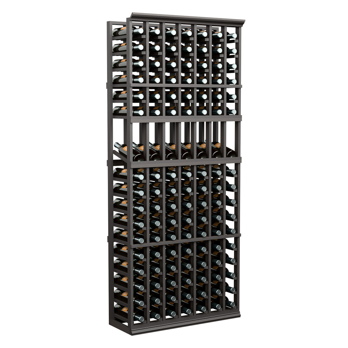 Black 7-column wine bottle display rack, 6 ft, with cubby slots for bottles
