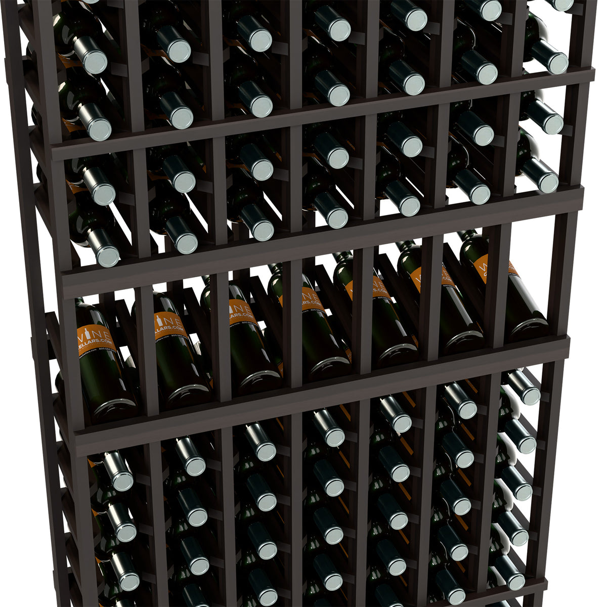 Black wine bottle rack close-up with bottles stored in front and side cubbies