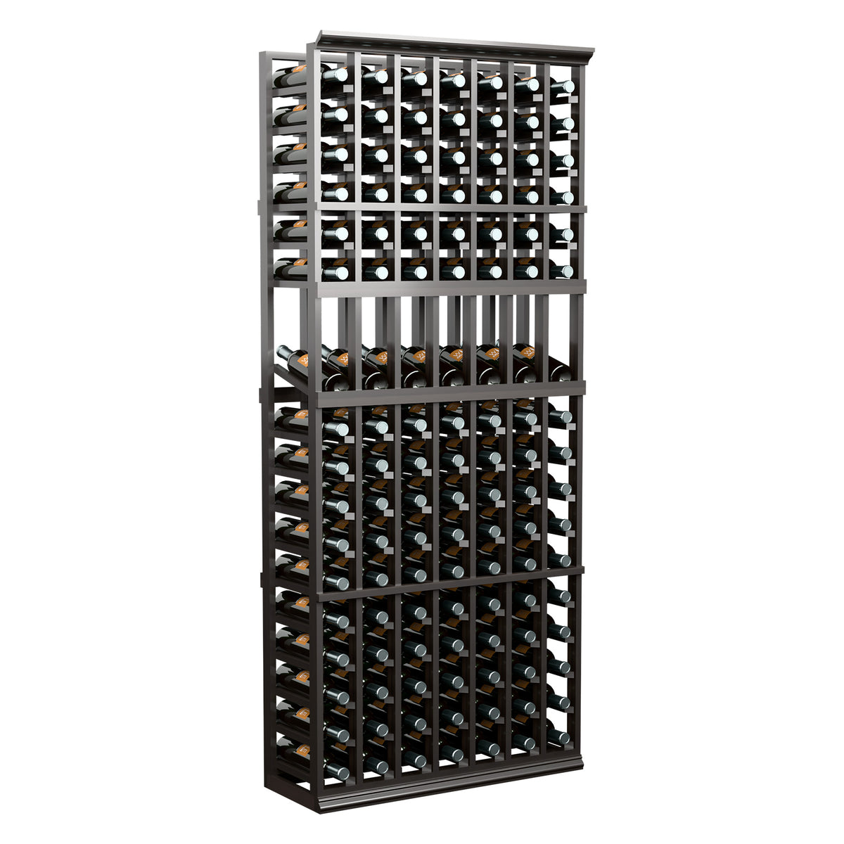 Black 7-column wine bottle display rack, 6 ft, open frame holding bottles