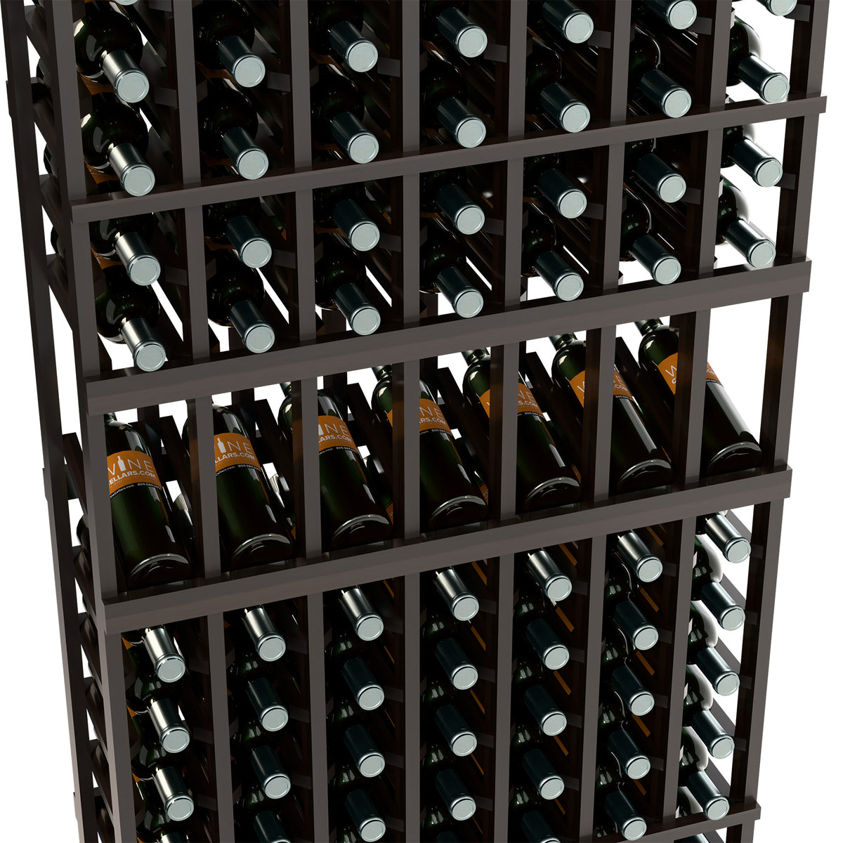 Black wine bottle rack close-up showing bottles in multiple rows of cubbies