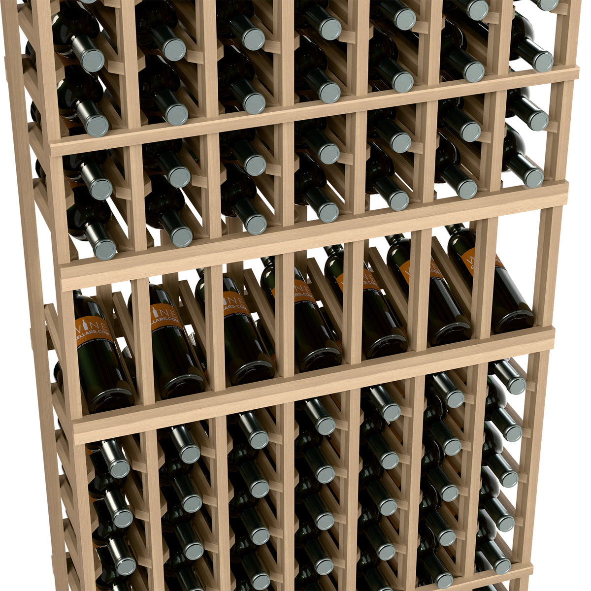 Light wood wine rack close-up showing rows of bottles in square cubbies