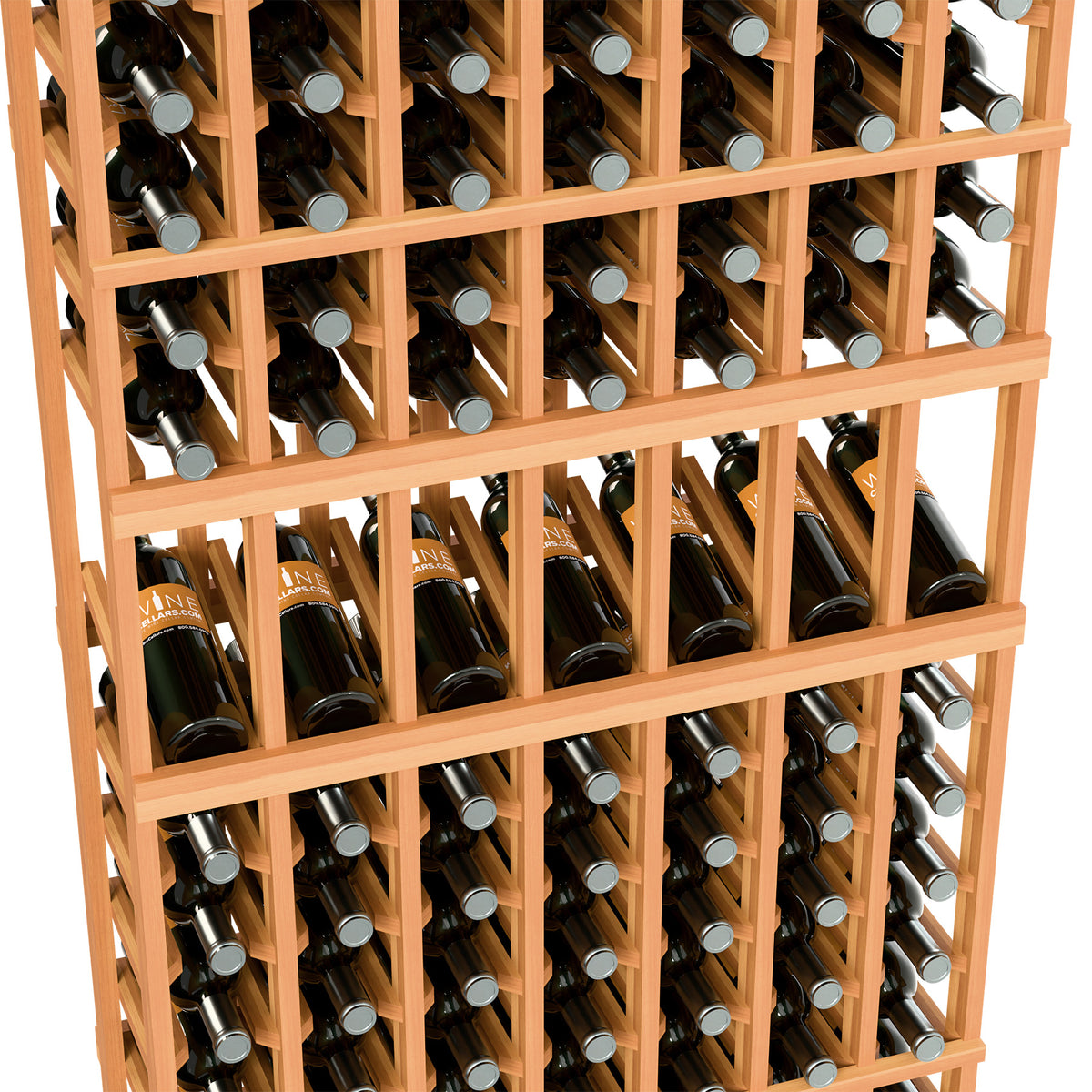 Warm light wood wine rack close-up with rows of wine bottles