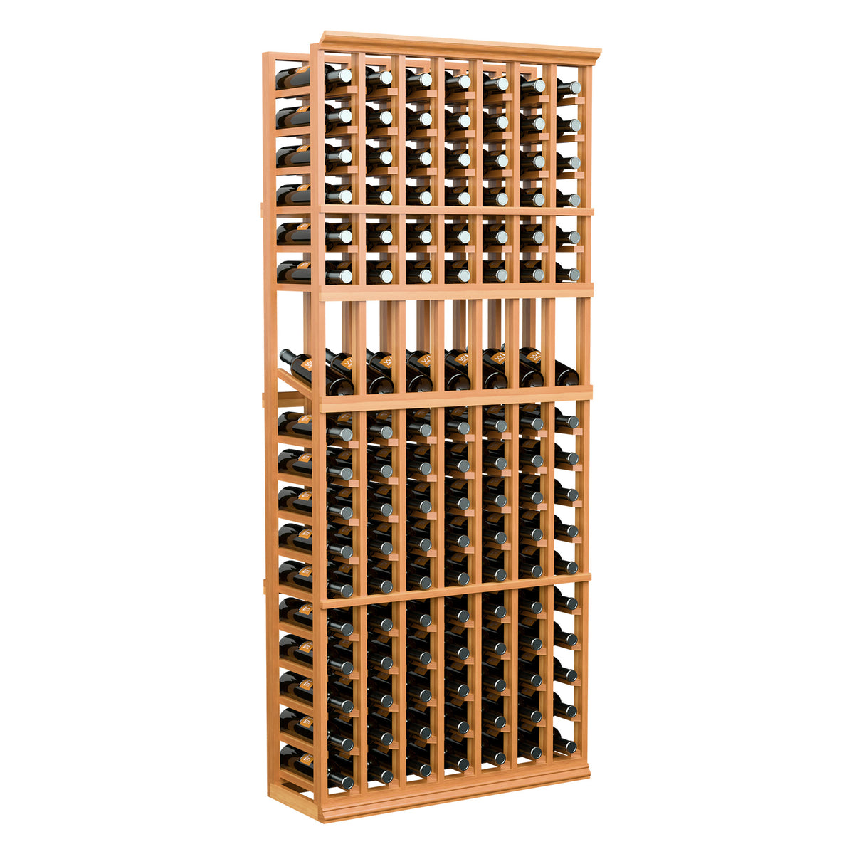 Warm light wood vertical wine display rack with open grid for bottles