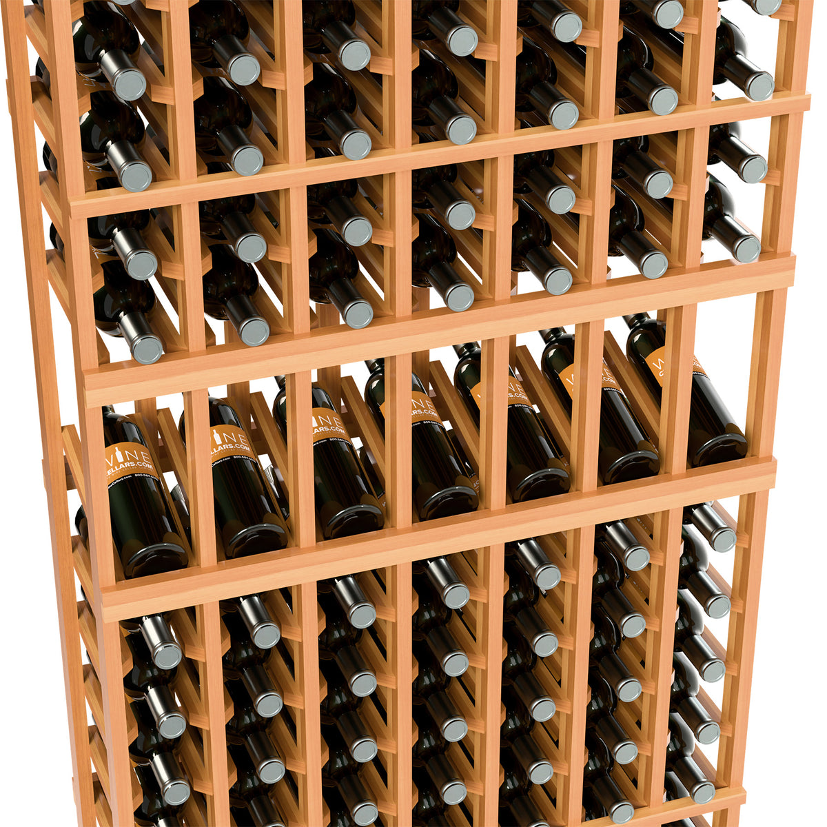 Warm light wood wine rack close-up showing bottle cubbies and bottle necks