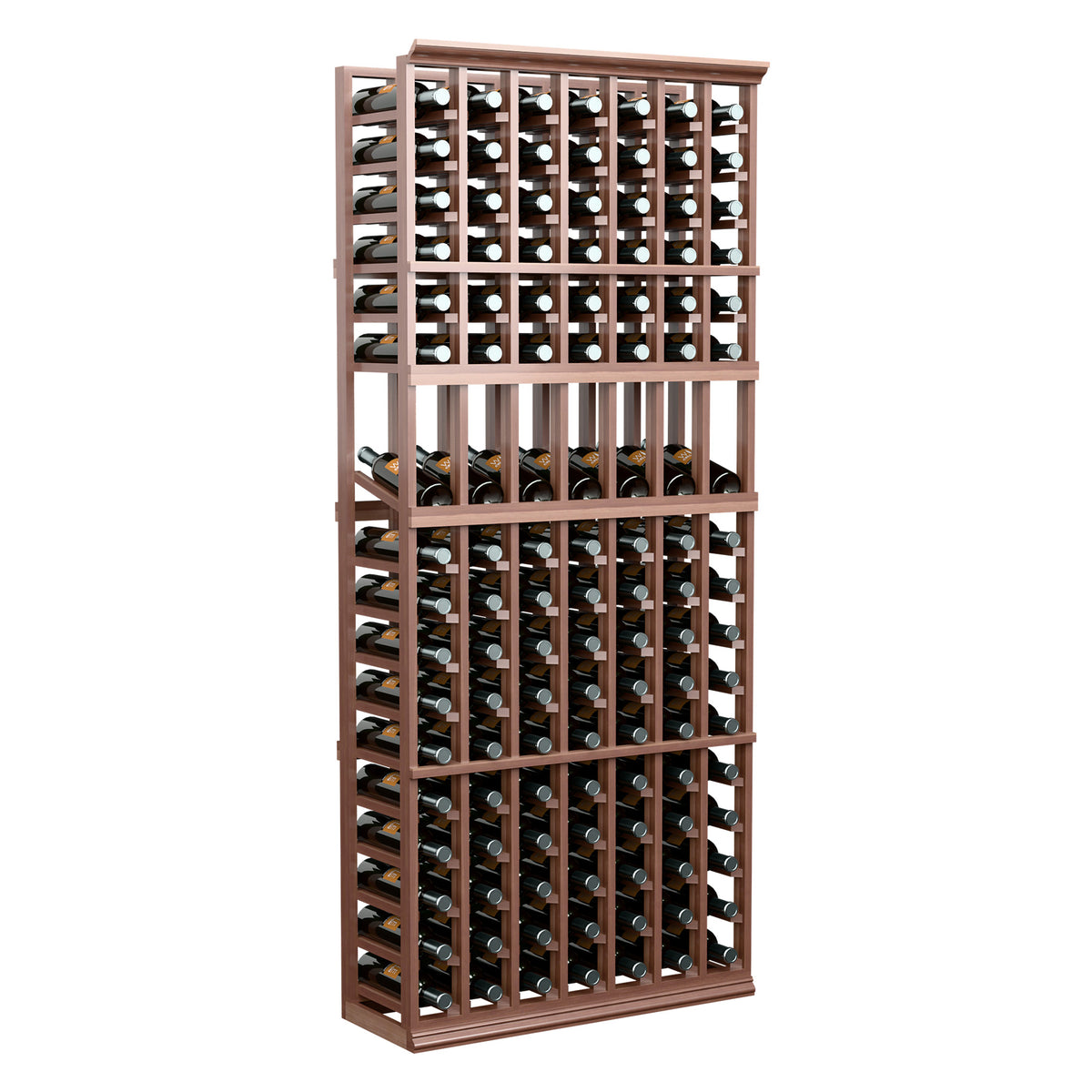Wood wine bottle display rack with 7 columns and open front storage for bottles